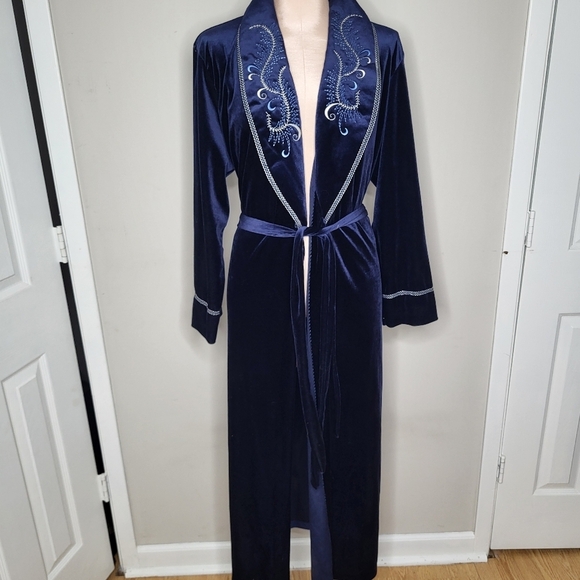 Vintage Amanda Stewart Intimates Deep Blue Embroidered Robe Medium - Picture 1 of 7